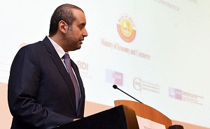 Sheikh Ahmed bin Jassim bin Mohammed Al-Thani, Minister of Economy and Trade speaking at the Qatari-German Economic Forum