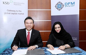 Maryam Mohammed Fikri, Head of Clearing, Settlement and Depository Division and Executive Vice President at DFM, and Dr. Jaehoon Yoo, Chairman and CEO of KSD,